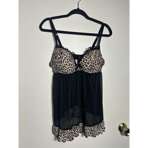 Xhilaration Leopard Print Babydoll Lingerie Size L Black Mesh Chemise